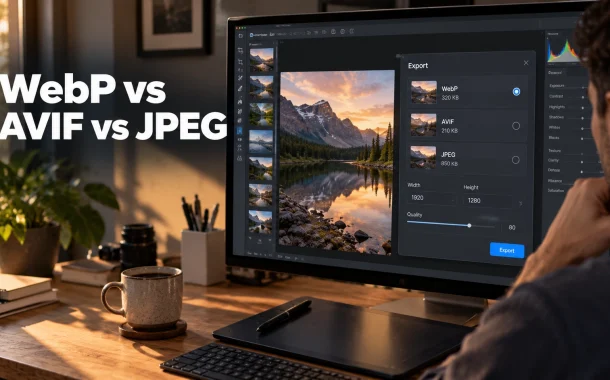 Designer's monitor showing an image export panel with three format options, with the heading WebP vs AVIF vs JPEG overlaid