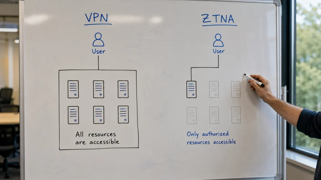 A whiteboard comparison showing a VPN connecting one user to a full network and ZTNA connecting the same user to a single application.