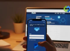 Person holding smartphone showing PayPal login screen with two-factor authentication verification code notification