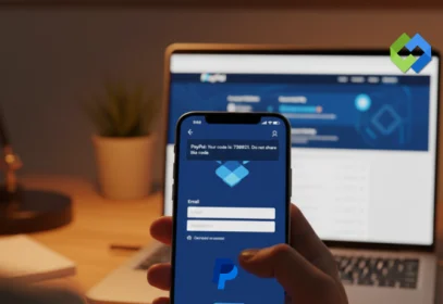 Person holding smartphone showing PayPal login screen with two-factor authentication verification code notification