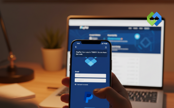 Person holding smartphone showing PayPal login screen with two-factor authentication verification code notification