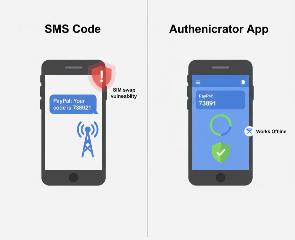Side-by-side flat illustration comparing PayPal SMS two-factor authentication versus authenticator app security and features