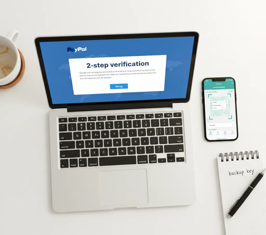 Overhead desk view of laptop showing PayPal security settings and smartphone scanning QR code to set up authenticator app for 2FA