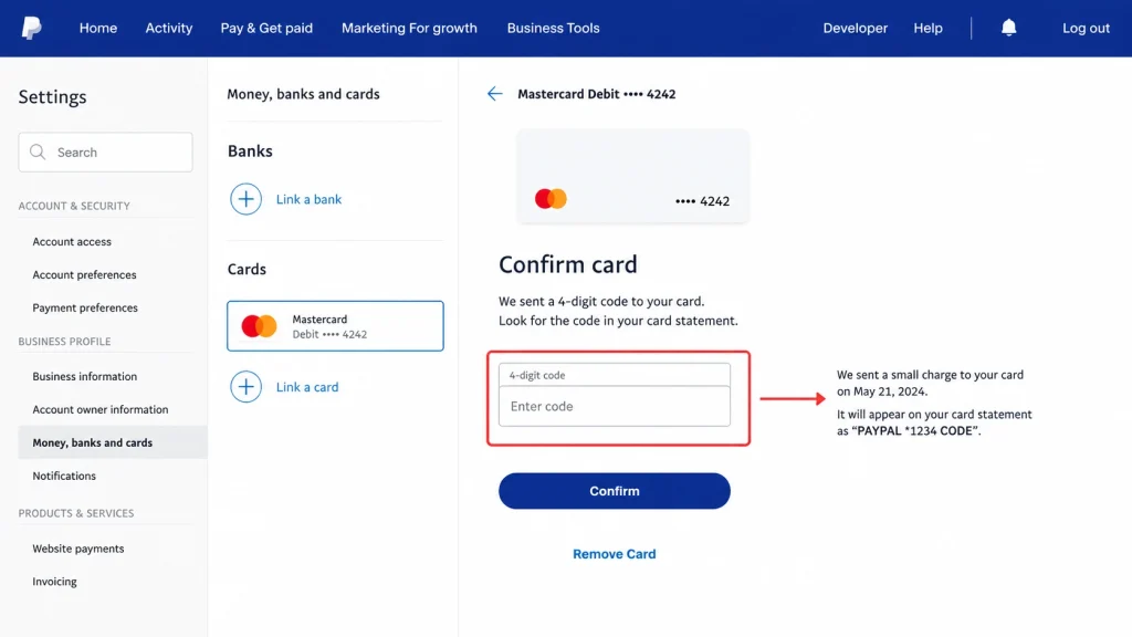 The PayPal Confirm Card screen showing the four-digit code entry field used to verify a card.