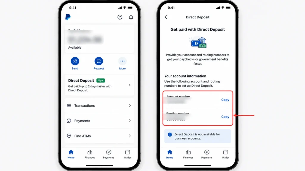 The PayPal Direct Deposit screen showing where the provisioned account and routing numbers appear.