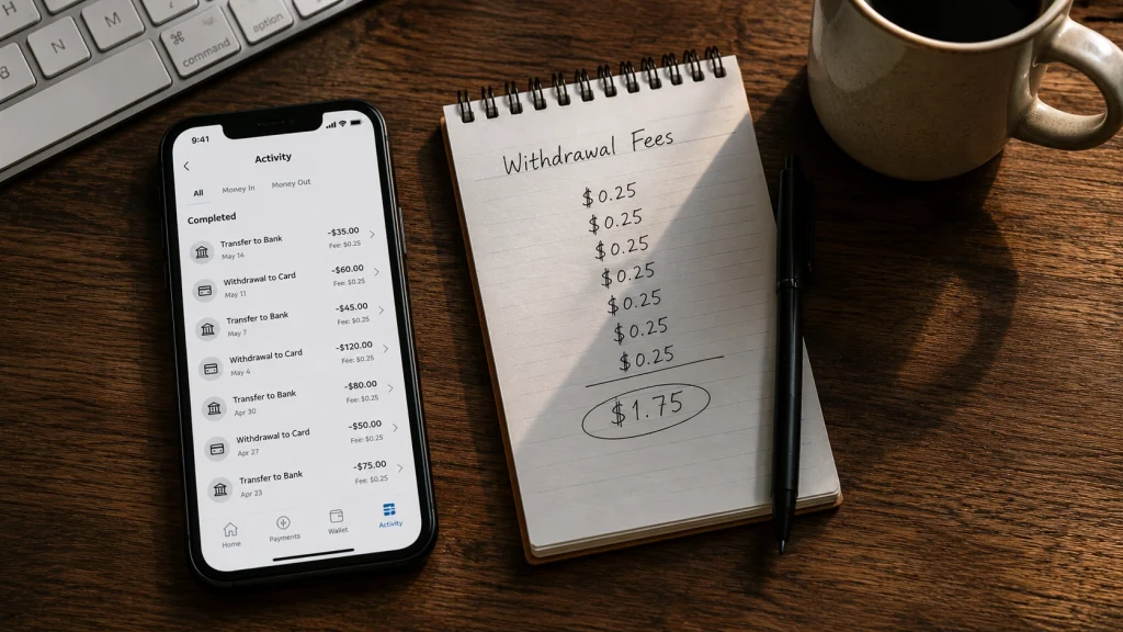  adding up PayPal instant transfer fees from a transaction list on a notepad.