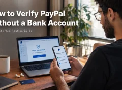 Young man at a modern home office desk holding a smartphone displaying a PayPal-style account verification screen, with a laptop showing an account verification page beside him. Desk holds a notebook, pen, debit card, wireless earbuds, and coffee cup. Soft natural light, clean minimalist setting. Overlay text: “How to Verify PayPal Without a Bank Account – Complete Verification Guide”.