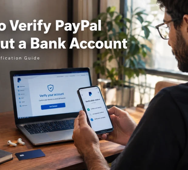 Young man at a modern home office desk holding a smartphone displaying a PayPal-style account verification screen, with a laptop showing an account verification page beside him. Desk holds a notebook, pen, debit card, wireless earbuds, and coffee cup. Soft natural light, clean minimalist setting. Overlay text: “How to Verify PayPal Without a Bank Account – Complete Verification Guide”.
