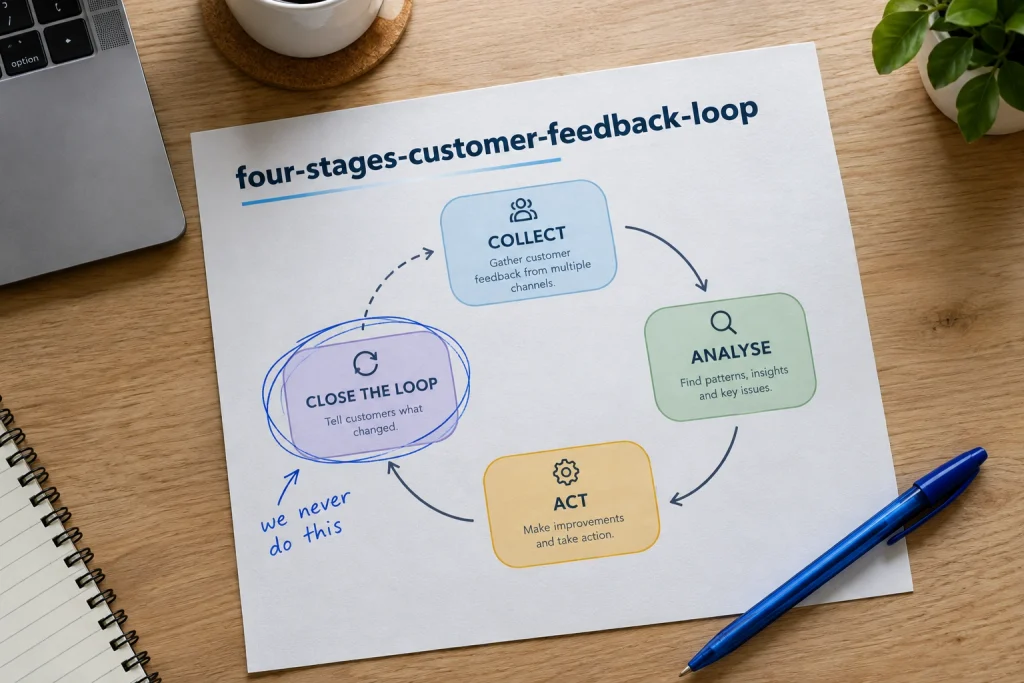 A printed cycle diagram of the four customer feedback loop stages with the fourth stage circled and annotated in pen.
