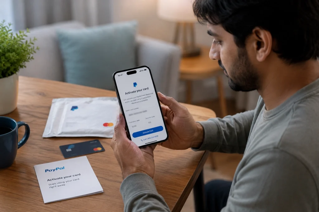 Person holding a new payment card with an activation sticker while opening an activation form on their phone.