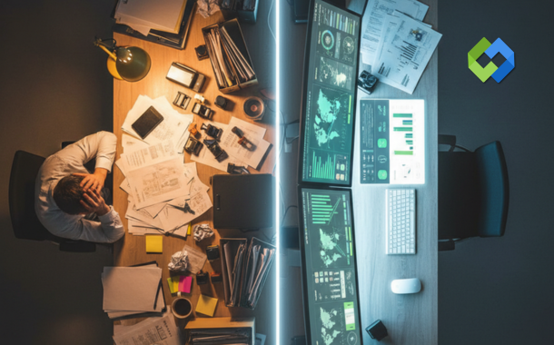 Split-view showing cluttered manual trade paperwork on left vs clean digital trade management software dashboard on right