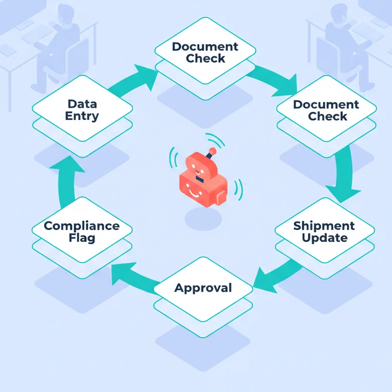 Isometric illustration of an automated trade workflow with connected nodes for data entry, compliance, approvals, and shipment updates