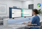 Healthcare admin at clinic workstation with EHR and practice management system synced on dual monitors