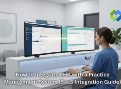 Healthcare admin at clinic workstation with EHR and practice management system synced on dual monitors