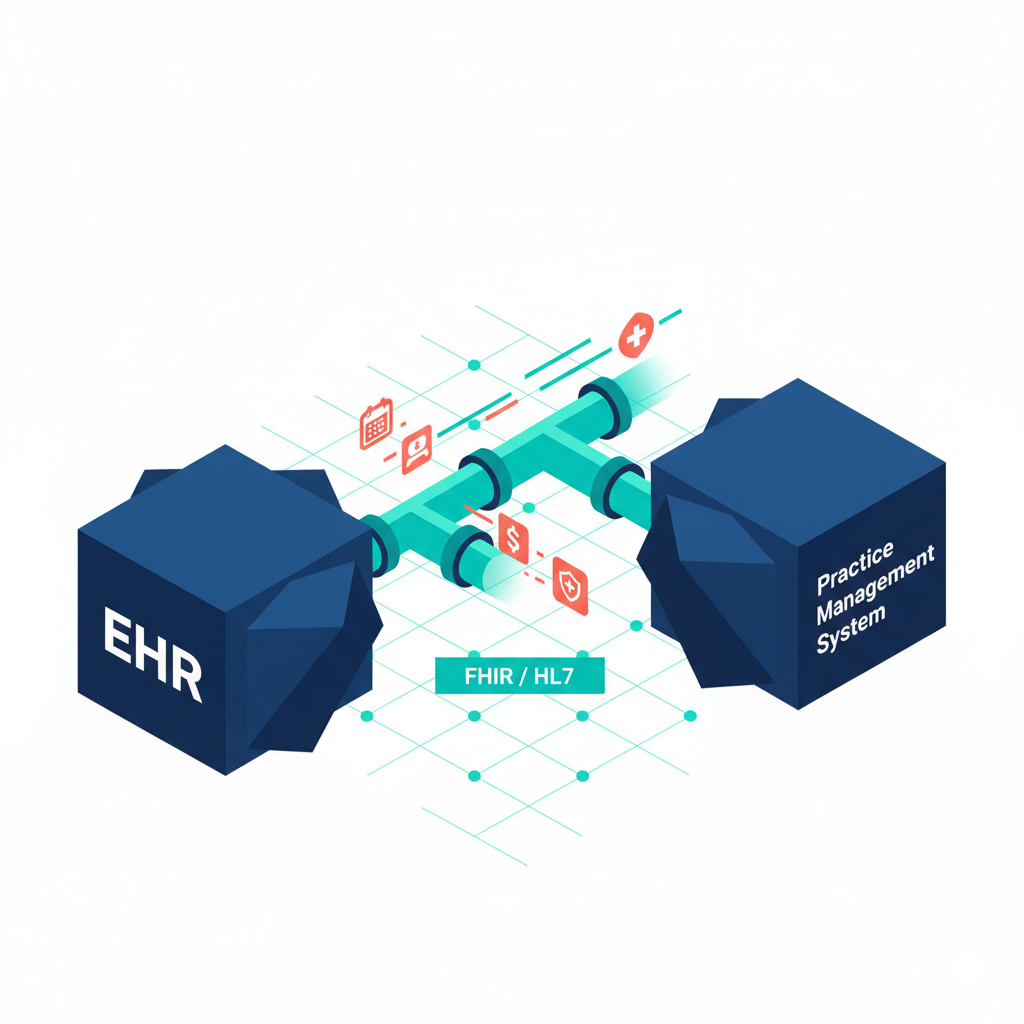 Flat isometric diagram showing FHIR and HL7 data sync pipeline connecting an EHR system and practice management platform