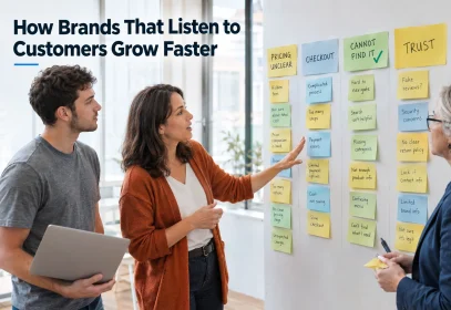 A product team at a whiteboard grouping customer feedback notes into themes, with one theme marked as shipped.