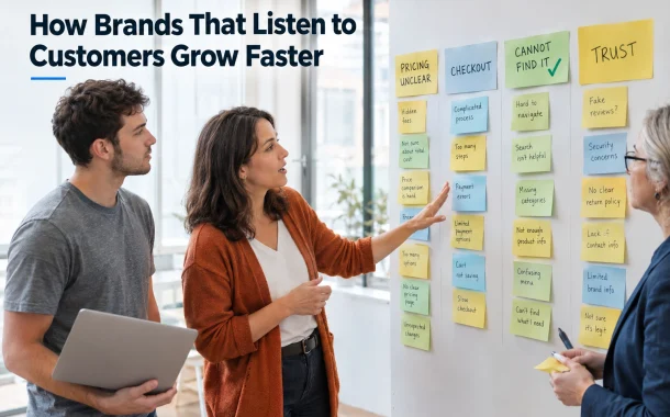 A product team at a whiteboard grouping customer feedback notes into themes, with one theme marked as shipped.
