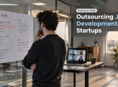 A startup founder reviewing an annotated hiring plan beside a laptop showing a video call with a distributed development team.