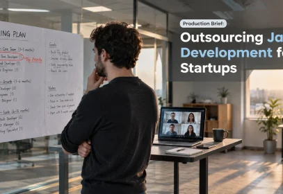A startup founder reviewing an annotated hiring plan beside a laptop showing a video call with a distributed development team.