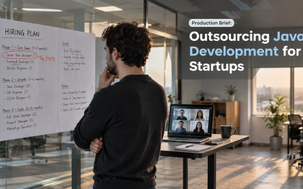 A startup founder reviewing an annotated hiring plan beside a laptop showing a video call with a distributed development team.