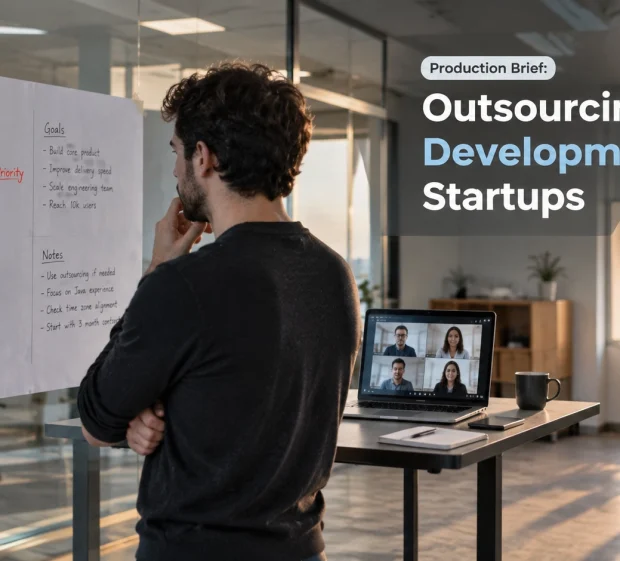 A startup founder reviewing an annotated hiring plan beside a laptop showing a video call with a distributed development team.