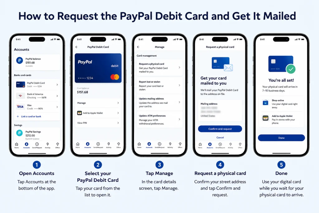 Annotated PayPal app screenshot with the Manage tab and the "Request a physical card" complete steps