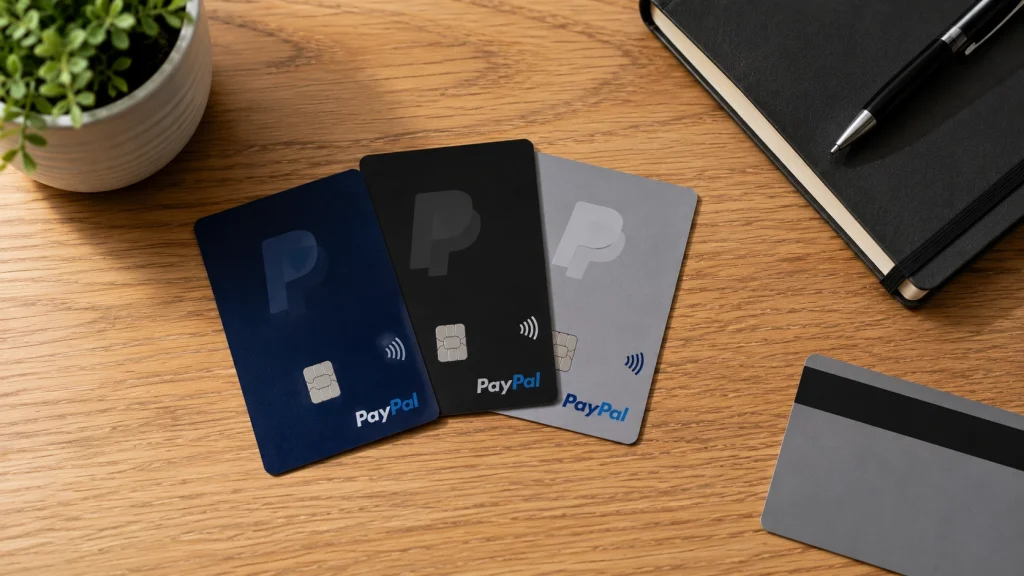 Three payment cards laid out on a wooden desk with a fourth turned face-down, representing PayPal's current card lineup and the discontinued prepaid card.