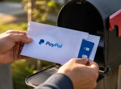 Hands taking a PayPal-branded envelope containing a debit card out of a residential mailbox, showing how to get a PayPal card in the mail.