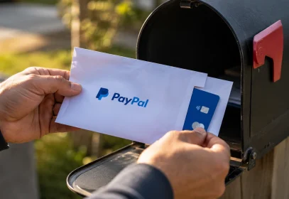 Hands taking a PayPal-branded envelope containing a debit card out of a residential mailbox, showing how to get a PayPal card in the mail.