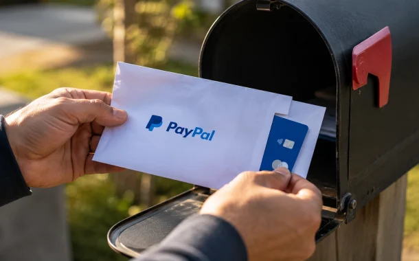 Hands taking a PayPal-branded envelope containing a debit card out of a residential mailbox, showing how to get a PayPal card in the mail.