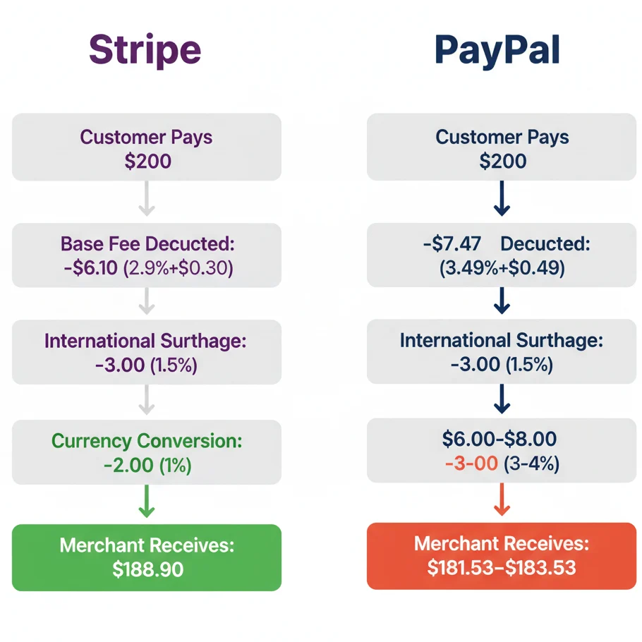Step-by-step diagram showing how a $200 international payment is broken down 
by fees in Stripe versus PayPal, including base fees, international surcharges, 
and currency conversion costs, with final merchant payout amounts