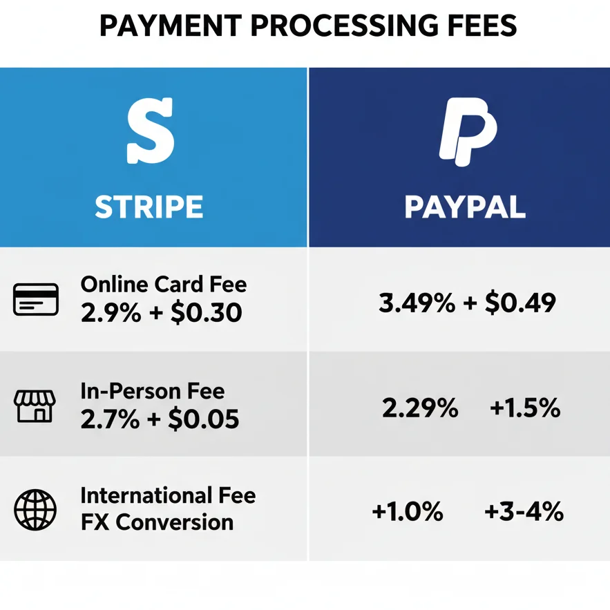 Stripe vs PayPal transaction fees comparison chart 2026 showing online card fees, 
in-person rates, international surcharges, and currency conversion costs side by side