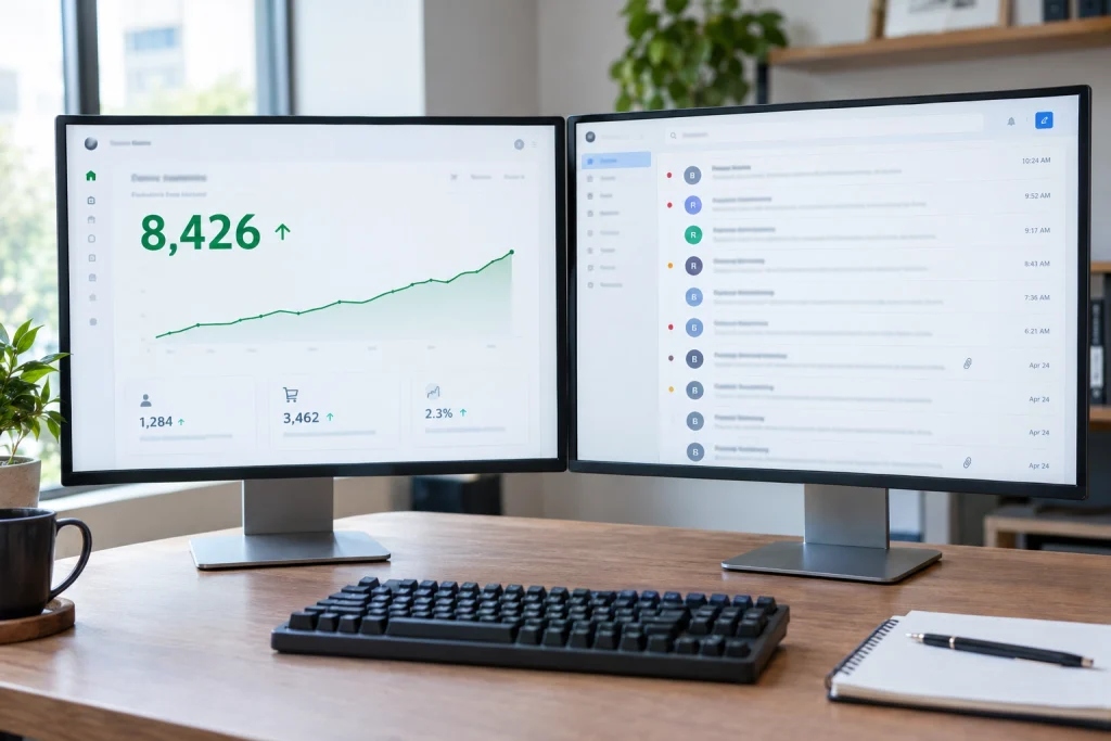 Two screens side by side on a desk, one showing a high satisfaction score and the other a support inbox full of complaints.