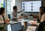 Business hiring team reviewing IT candidate profiles with an IT staffing agency recruiter