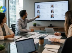 Business hiring team reviewing IT candidate profiles with an IT staffing agency recruiter