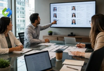 Business hiring team reviewing IT candidate profiles with an IT staffing agency recruiter