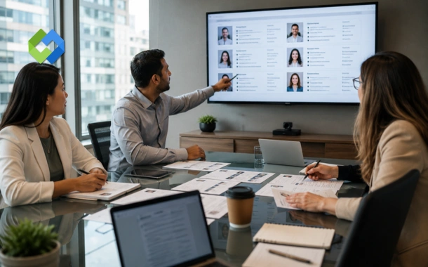 Business hiring team reviewing IT candidate profiles with an IT staffing agency recruiter