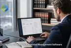 A lawyer reviewing legal practice management software on a laptop, with case files and billing dashboard on screen