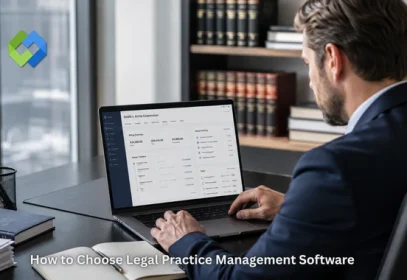 A lawyer reviewing legal practice management software on a laptop, with case files and billing dashboard on screen