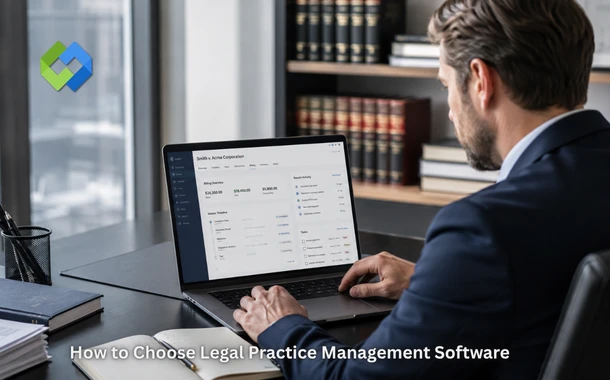 A lawyer reviewing legal practice management software on a laptop, with case files and billing dashboard on screen