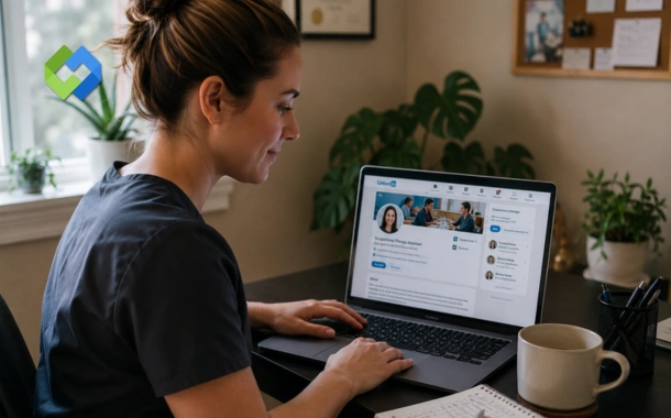 Occupational therapy assistant graduate updating LinkedIn profile to connect with healthcare staffing recruiters