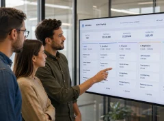 Three startup team members reviewing a CRM for startups sales pipeline on a wall-mounted screen in a modern office.