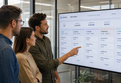 Three startup team members reviewing a CRM for startups sales pipeline on a wall-mounted screen in a modern office.