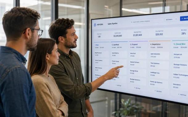 Three startup team members reviewing a CRM for startups sales pipeline on a wall-mounted screen in a modern office.