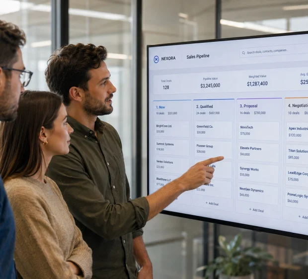 Three startup team members reviewing a CRM for startups sales pipeline on a wall-mounted screen in a modern office.