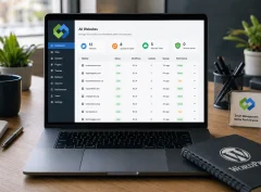 Professional workspace featuring a laptop displaying a centralized WordPress website management dashboard with updates, backups, security, and performance monitoring for multiple websites, surrounded by modern office accessories.