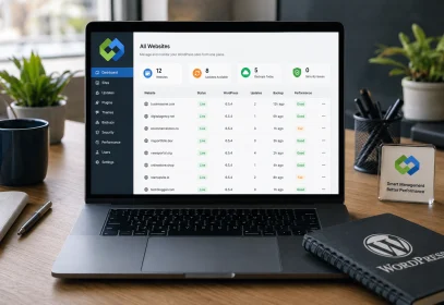 Professional workspace featuring a laptop displaying a centralized WordPress website management dashboard with updates, backups, security, and performance monitoring for multiple websites, surrounded by modern office accessories.
