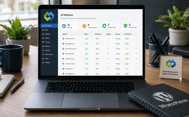 Professional workspace featuring a laptop displaying a centralized WordPress website management dashboard with updates, backups, security, and performance monitoring for multiple websites, surrounded by modern office accessories.