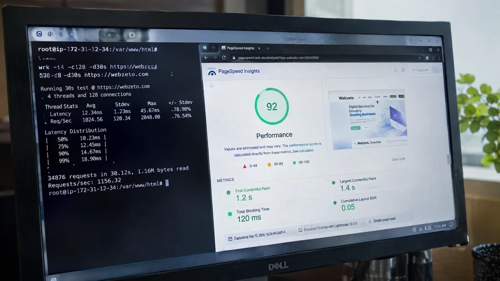 A developer comparing WordPress performance benchmark results in a terminal and a page speed report.