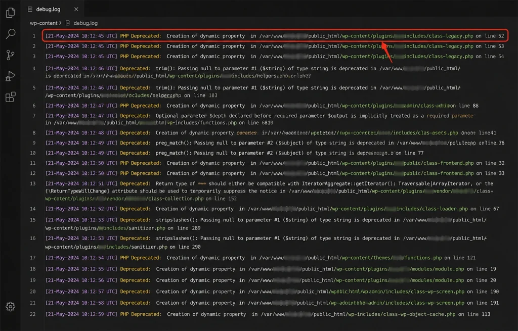 A WordPress debug log showing PHP deprecation notices including a deprecated dynamic property entry.
